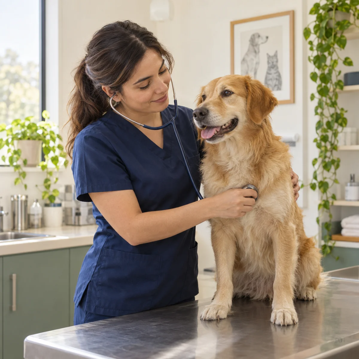 Veterinaria atendiendo a un perro en consulta